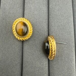 Roman Vintage Gold Tone Tigers Eye Gemstone Oval Rope Border Stud Earrings